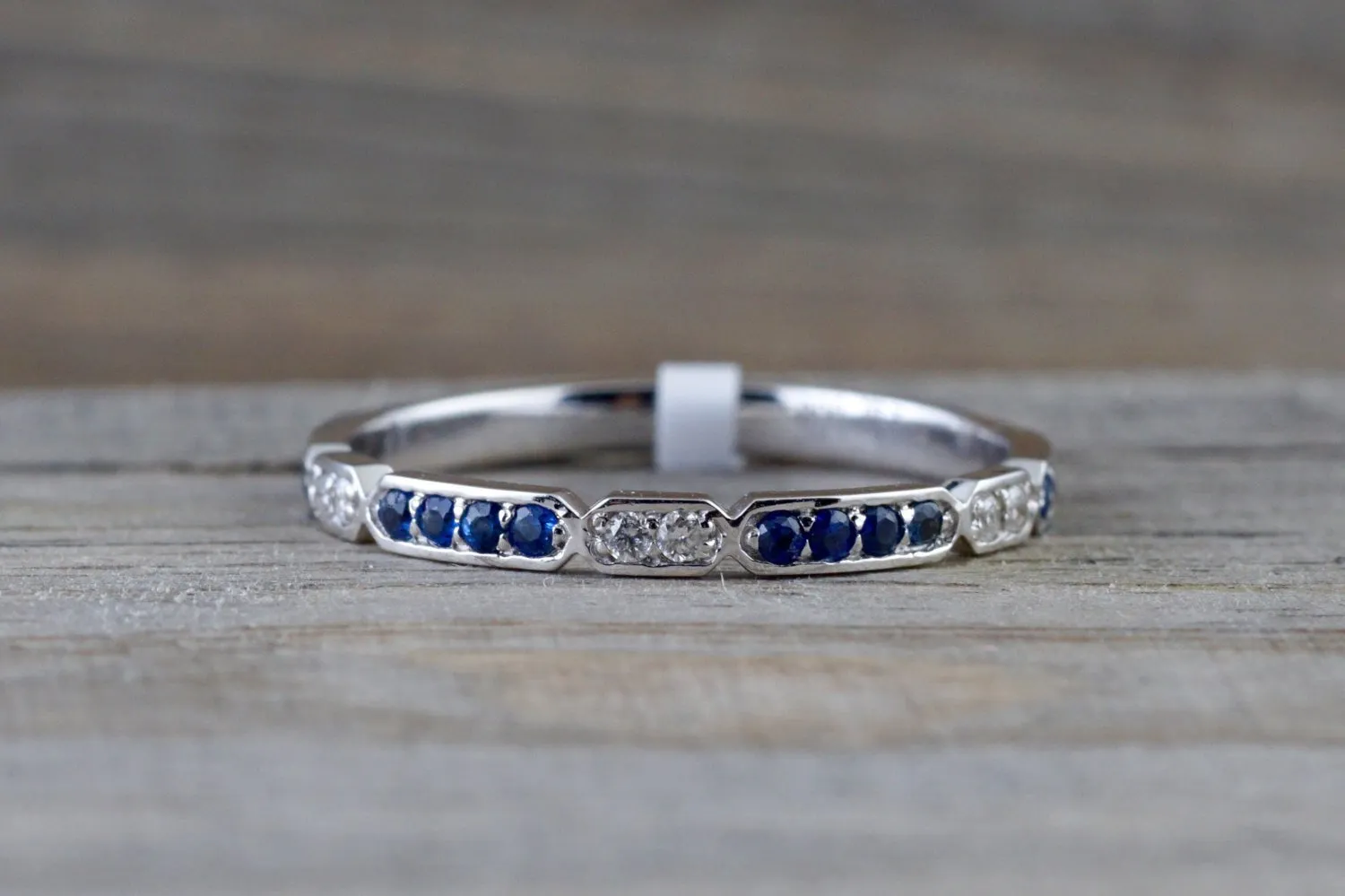 14k White Gold Blue Sapphire And Diamond Pave Stackable Ring