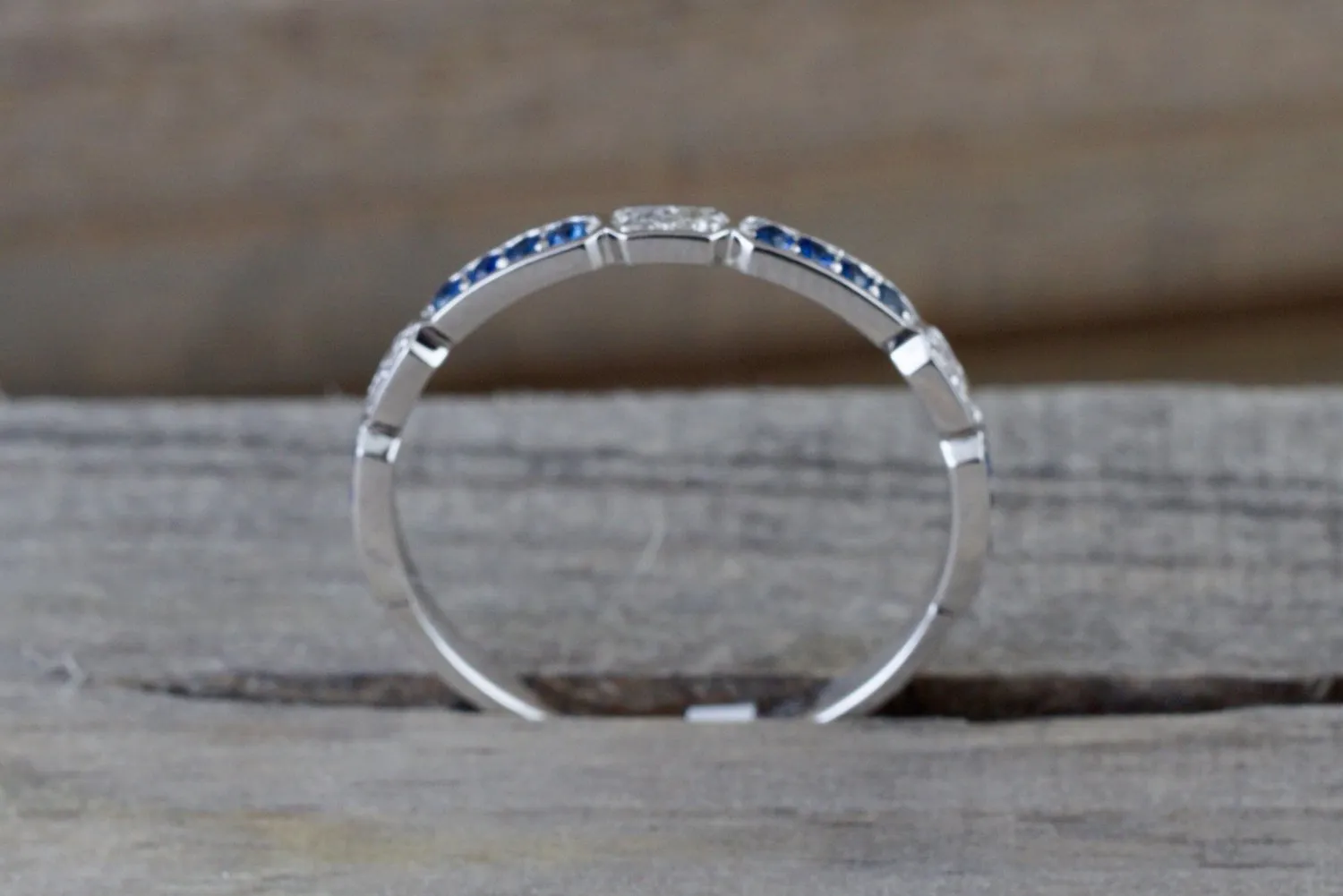 14k White Gold Blue Sapphire And Diamond Pave Stackable Ring