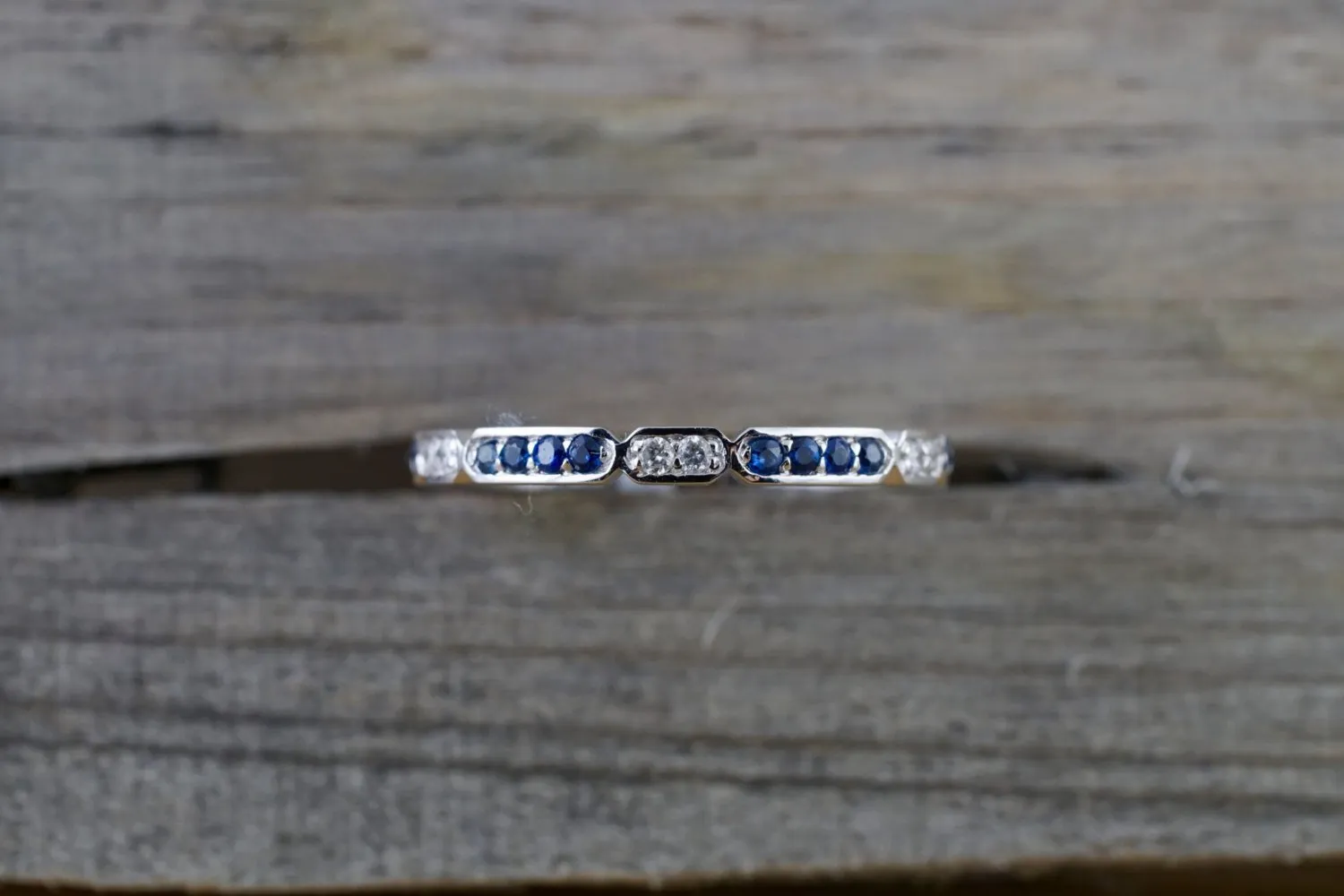 14k White Gold Blue Sapphire And Diamond Pave Stackable Ring