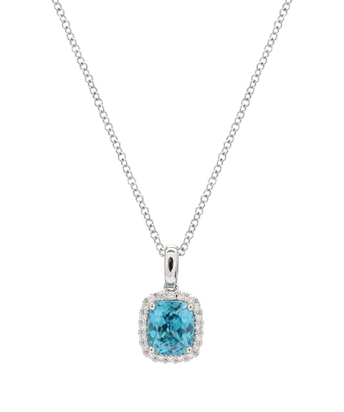 14K White Gold Blue Zircon and Diamond Halo Pendant