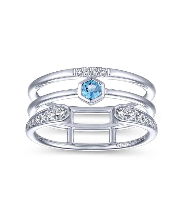 14K White Gold Triple Row Diamond and Blue Topaz Ring