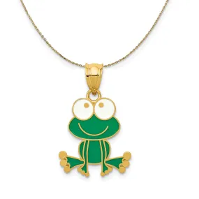 14k Yellow Gold Green and White Enamel Whimsical Frog Necklace