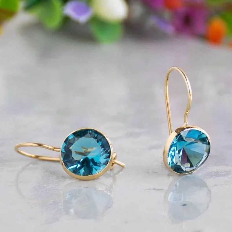 14K Yellow Gold Round Blue Cubic Zirconia 8mm Dangle Earrings