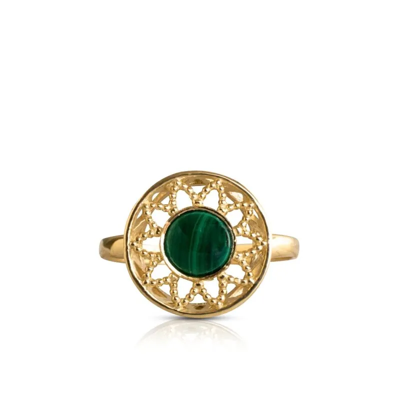 14K Yellow Gold Round Green Malachite 6mm Ring