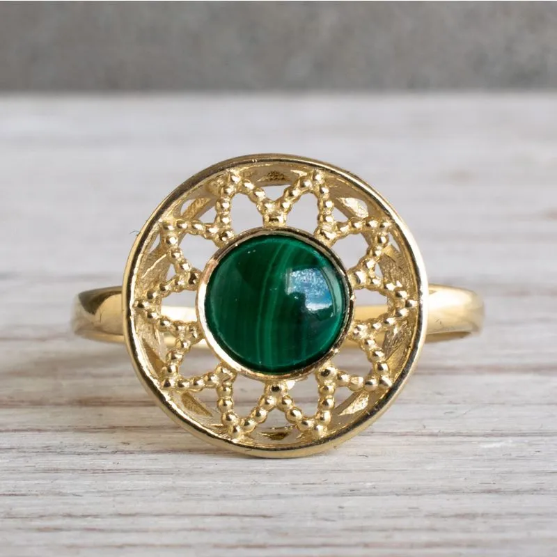 14K Yellow Gold Round Green Malachite 6mm Ring