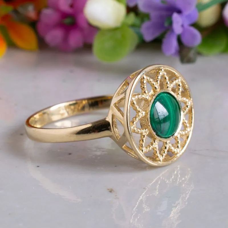 14K Yellow Gold Round Green Malachite 6mm Ring