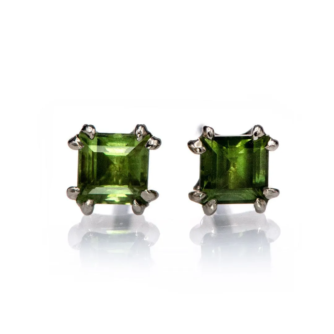 3mm Square Green Sapphire 14k White Gold Double Prong Stud Earrings, Ready To Ship