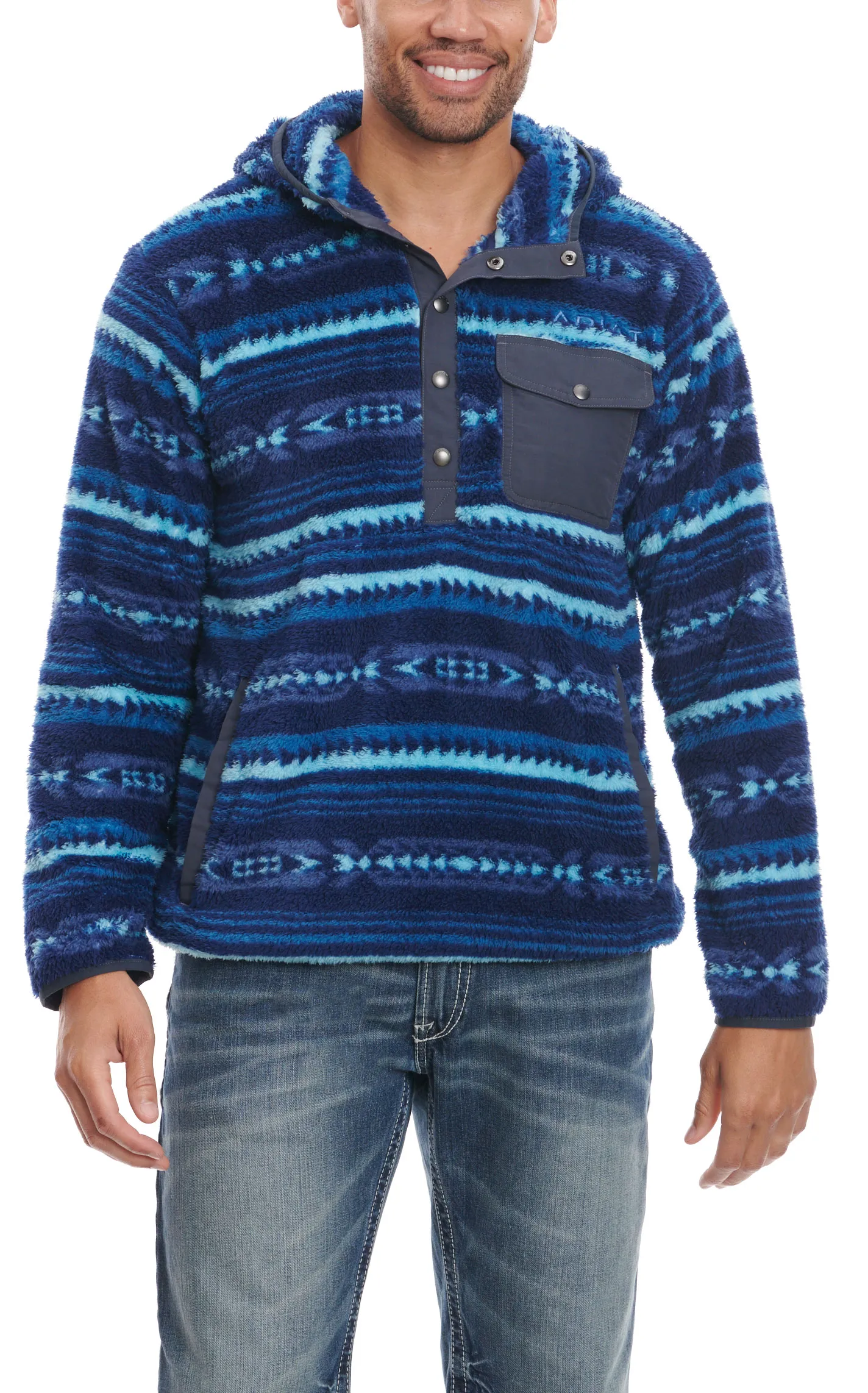 Ariat Men's Shades of Blue Aztec Serape Print Polar Bear Fleece Hoodie