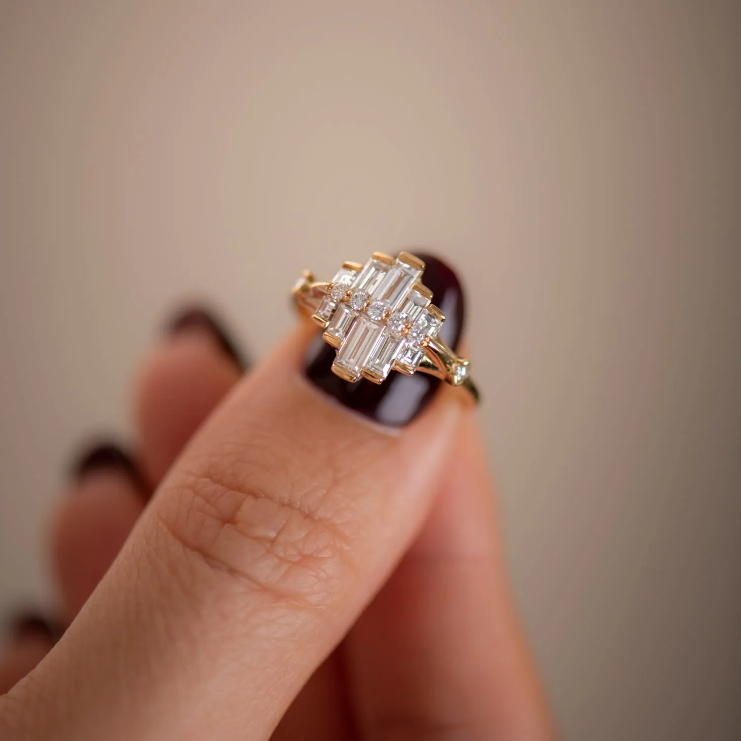 Art Deco Engagement Ring with Asymmetrical Baguette Diamonds