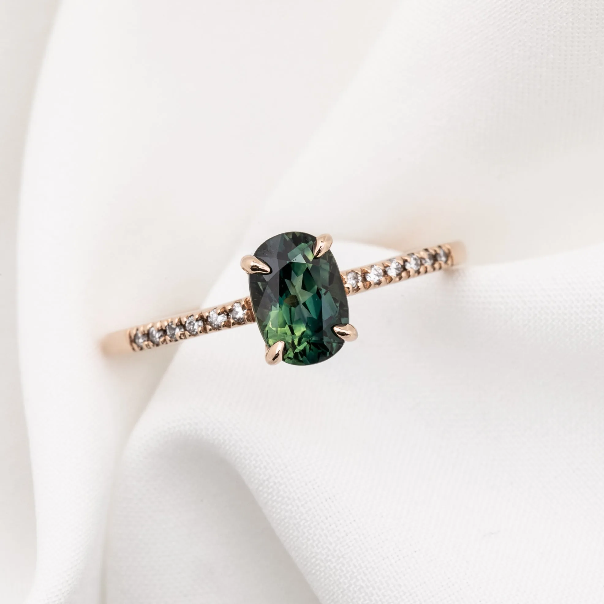 Audrey Ring 1.1ct Deep Blue Green Queensland Sapphire, 14k Rose Gold (One of a kind)