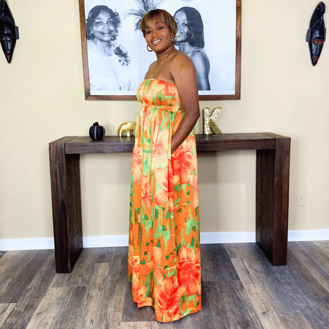 'Avi' Smocked Tube Jumpsuit | Orange Multi