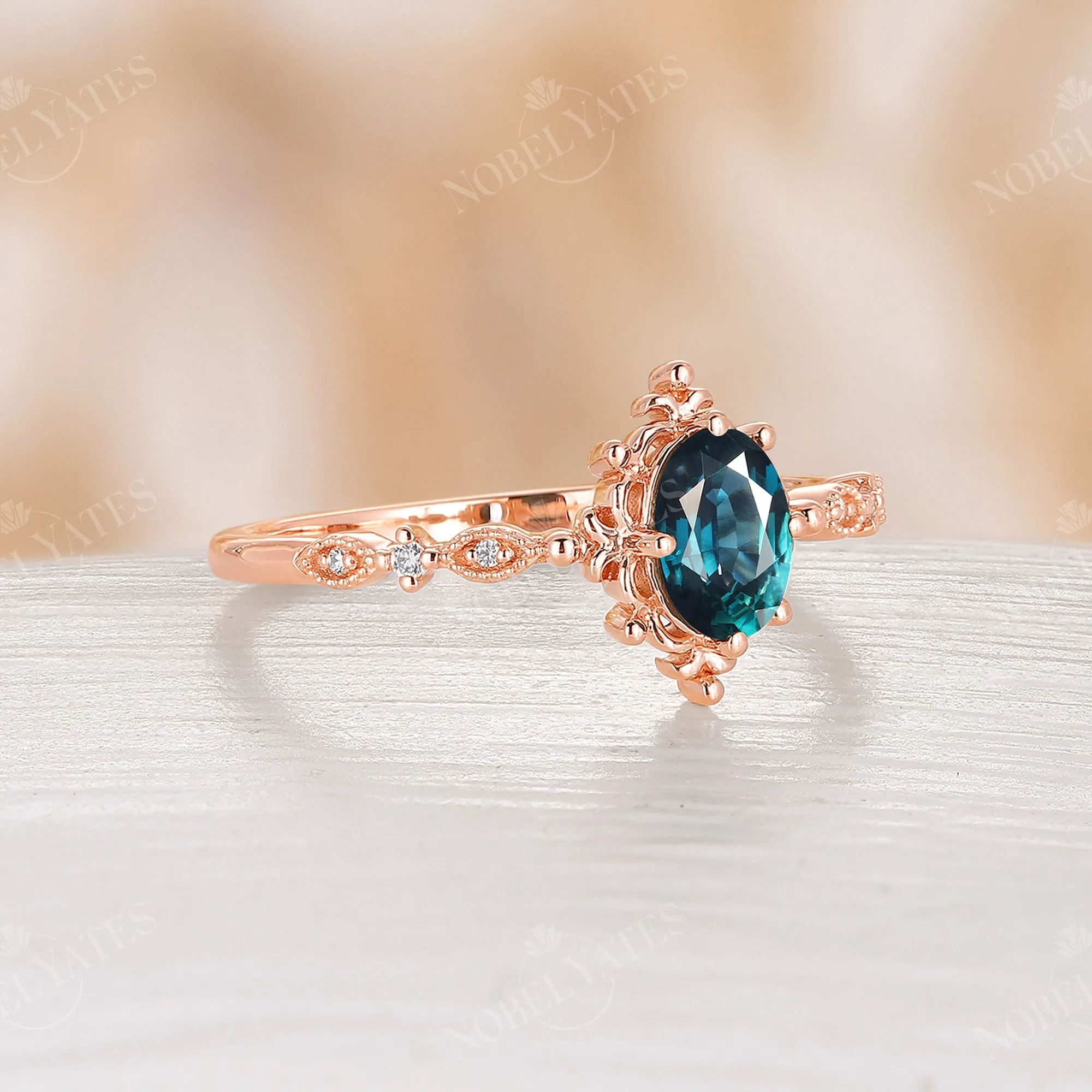 Blue Green Sapphire Vintage Filigree Milgrain Engagement Ring Rose Gold