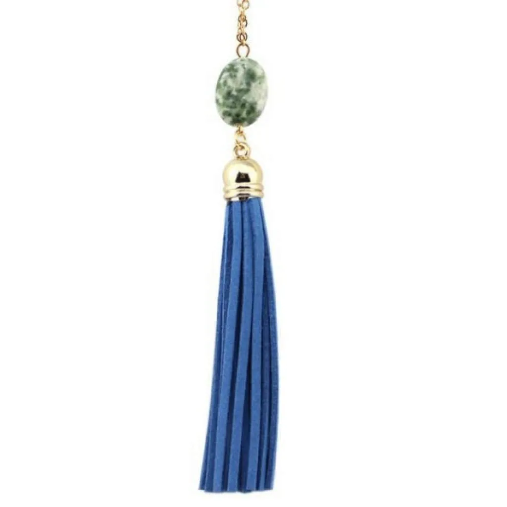 Blue Natural Stone and Tassel Long Gold Necklace