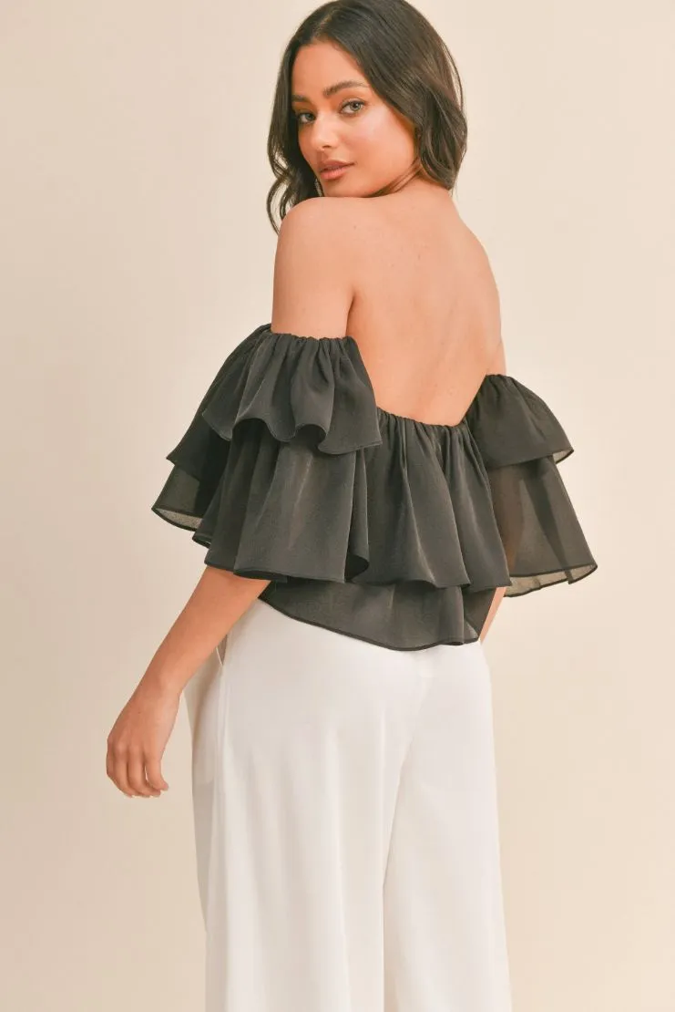 Briella Organza Ruffled Crop Top - Black