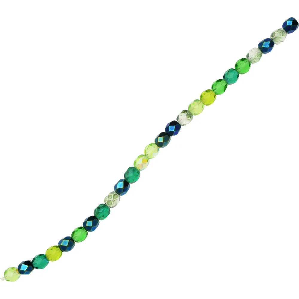 Czech Fire Polished Glass Beads, Faceted Round 6mm, Evergreen Mix (25 Pieces)