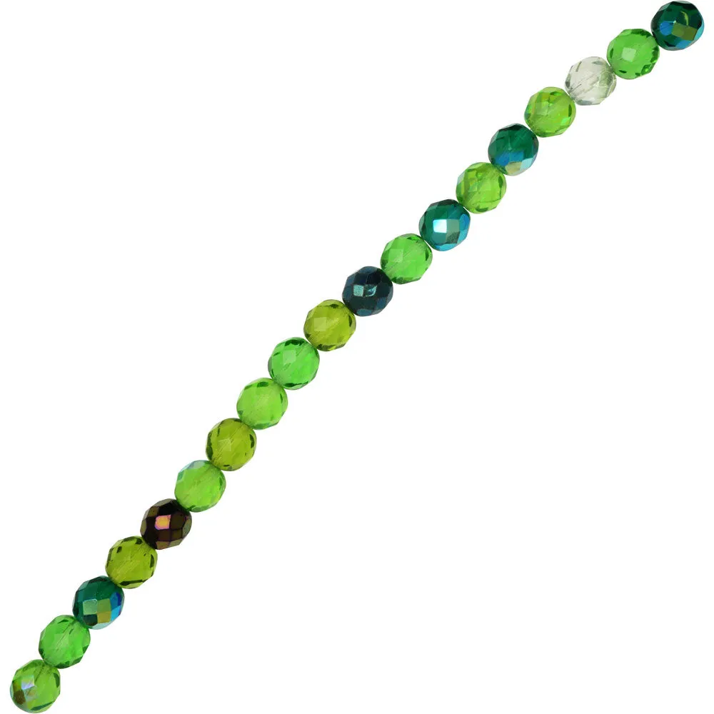 Czech Fire Polished Glass Beads, Faceted Round 8mm, Evergreen Mix (19 Pieces)