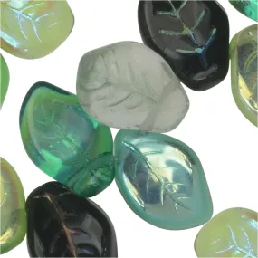 Czech Glass Beads, Wavy Leaf 9x14mm, Evergreen Mix (50 Pieces)