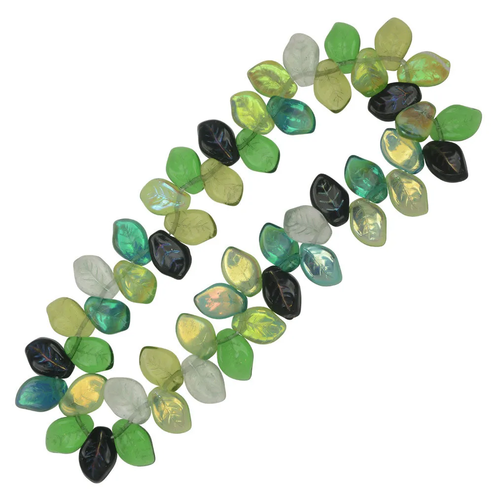 Czech Glass Beads, Wavy Leaf 9x14mm, Evergreen Mix (50 Pieces)