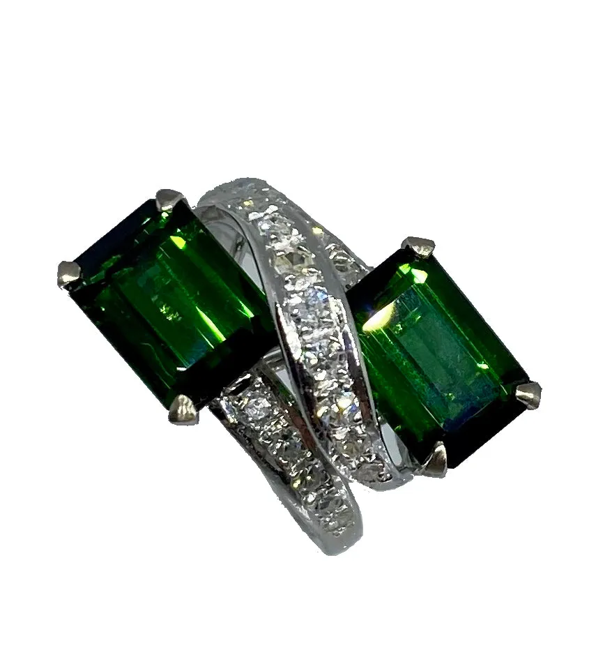 Emerald cut Green Tourmaline & Diamond  Platinum Ring