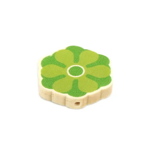 Flower Wood Beads, Printed, Green, 28mm