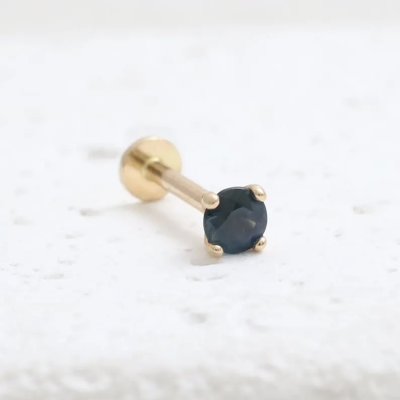 Genuine Blue Sapphire 4 Prongs 14K Solid Gold Ear Tragus, Cartilage, Conch, Helix, Lobe Internally Threaded Flat Back Labret Ear