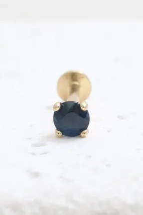 Genuine Blue Sapphire 4 Prongs 14K Solid Gold Ear Tragus, Cartilage, Conch, Helix, Lobe Internally Threaded Flat Back Labret Ear