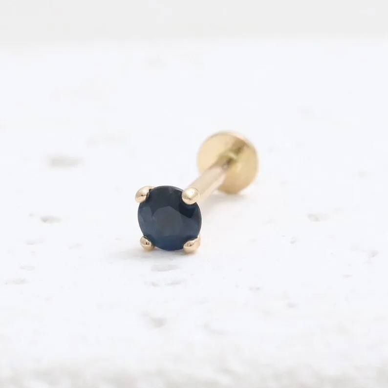 Genuine Blue Sapphire 4 Prongs 14K Solid Gold Ear Tragus, Cartilage, Conch, Helix, Lobe Internally Threaded Flat Back Labret Ear