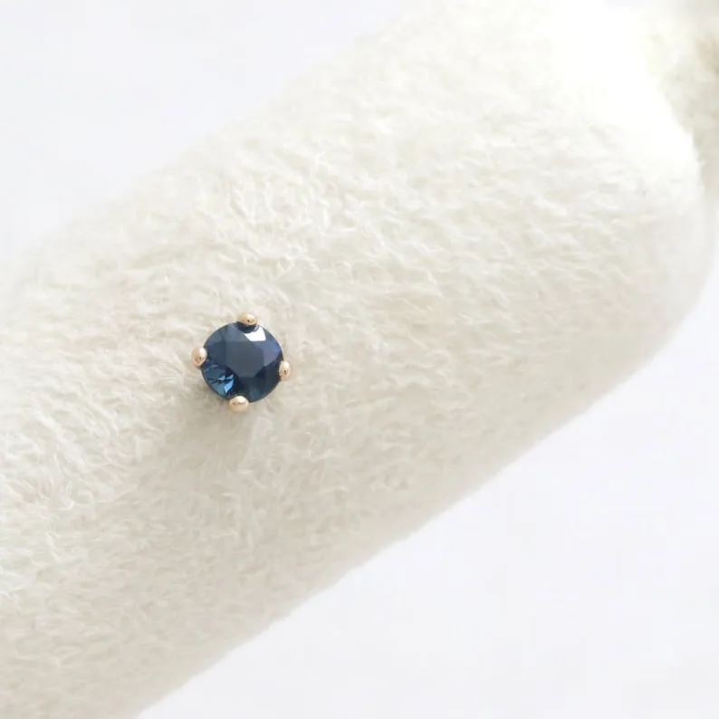 Genuine Blue Sapphire 4 Prongs 14K Solid Gold Ear Tragus, Cartilage, Conch, Helix, Lobe Internally Threaded Flat Back Labret Ear