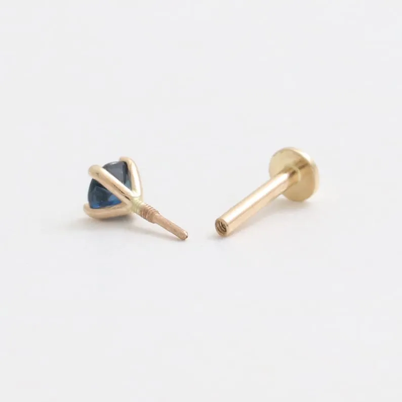 Genuine Blue Sapphire 4 Prongs 14K Solid Gold Ear Tragus, Cartilage, Conch, Helix, Lobe Internally Threaded Flat Back Labret Ear