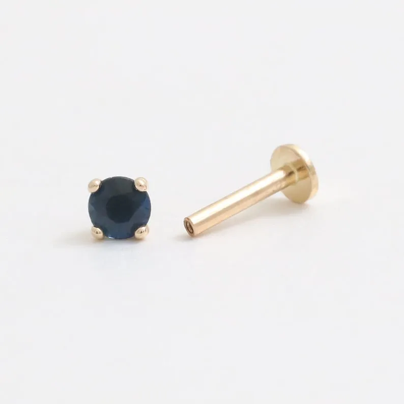 Genuine Blue Sapphire 4 Prongs 14K Solid Gold Ear Tragus, Cartilage, Conch, Helix, Lobe Internally Threaded Flat Back Labret Ear