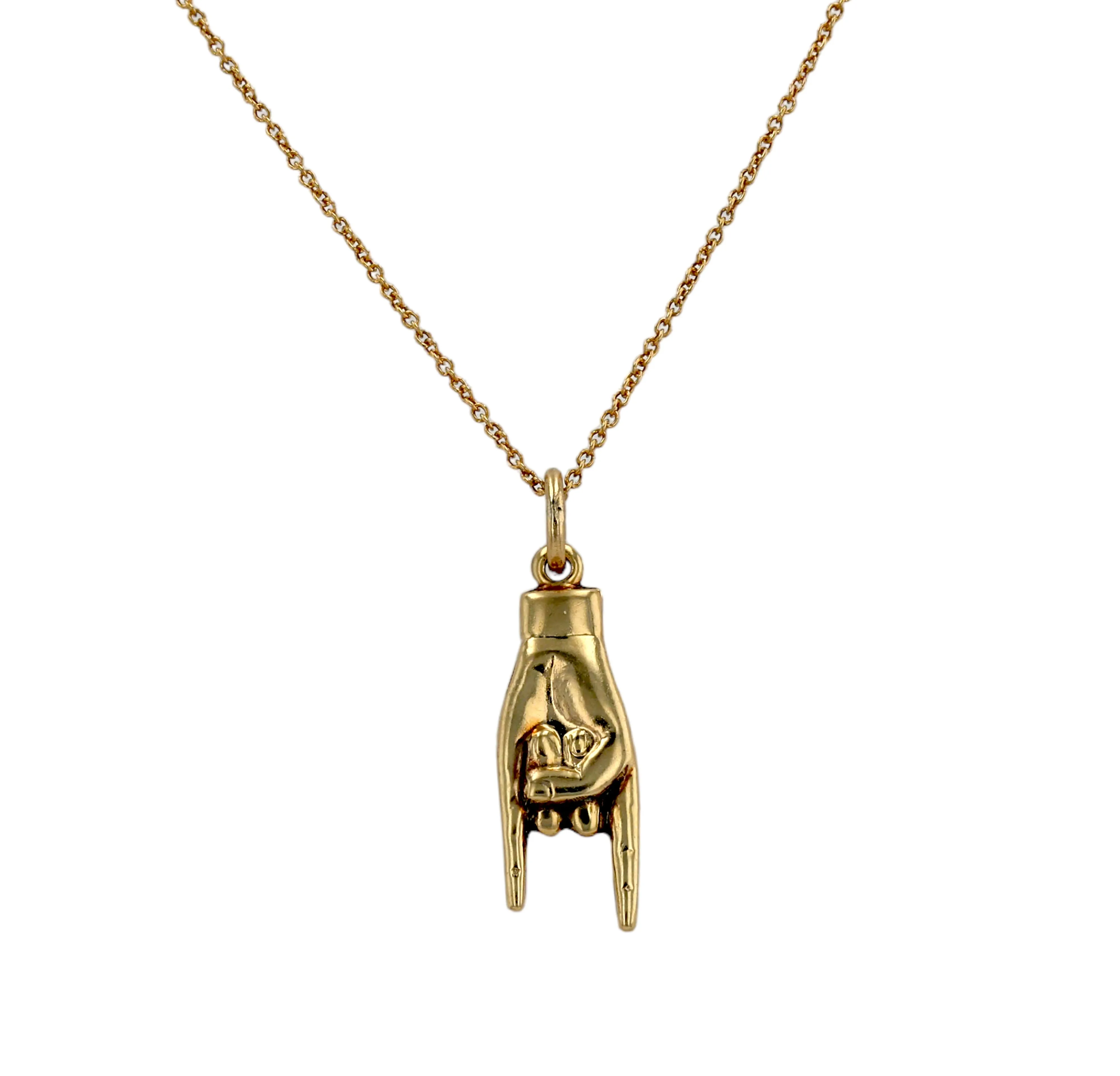 Gold 14k set chain and 14K puffy Rock & Roll horse hand sign pendant