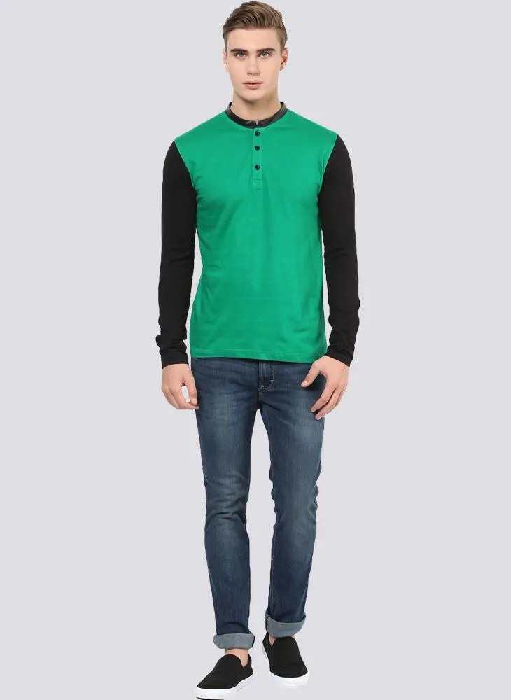 Green Henley T-shirt with Contrast Collar & Sleeves