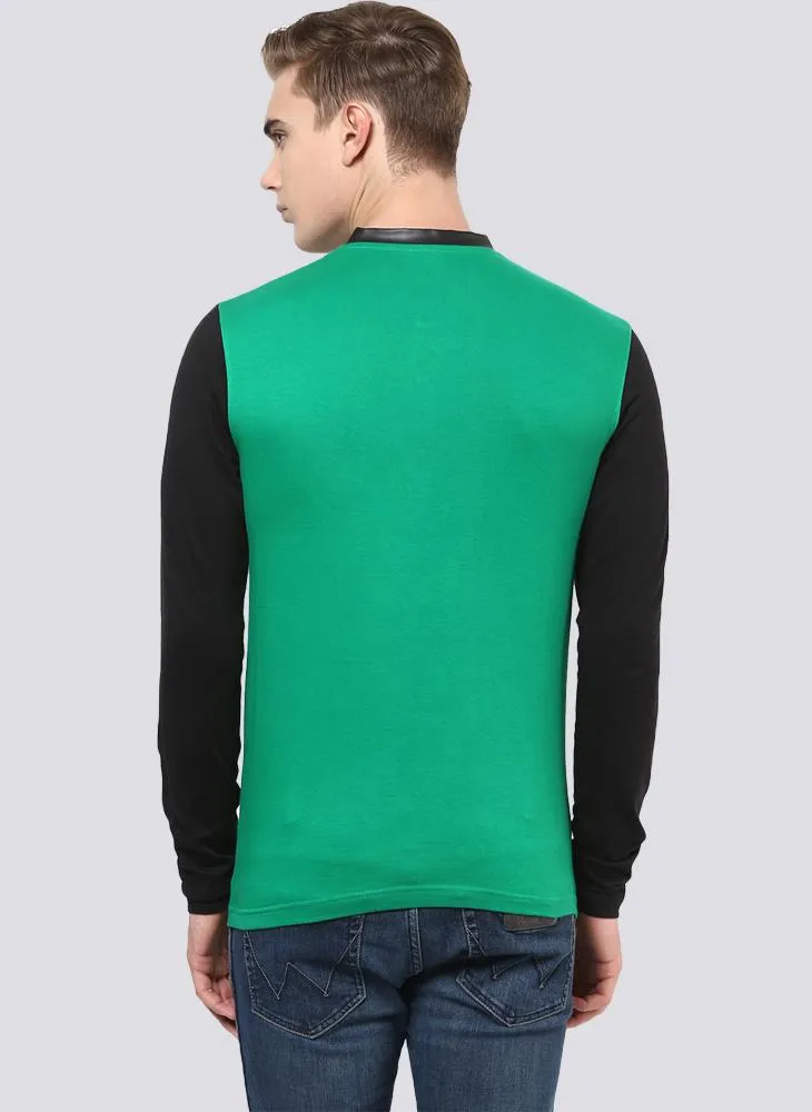 Green Henley T-shirt with Contrast Collar & Sleeves