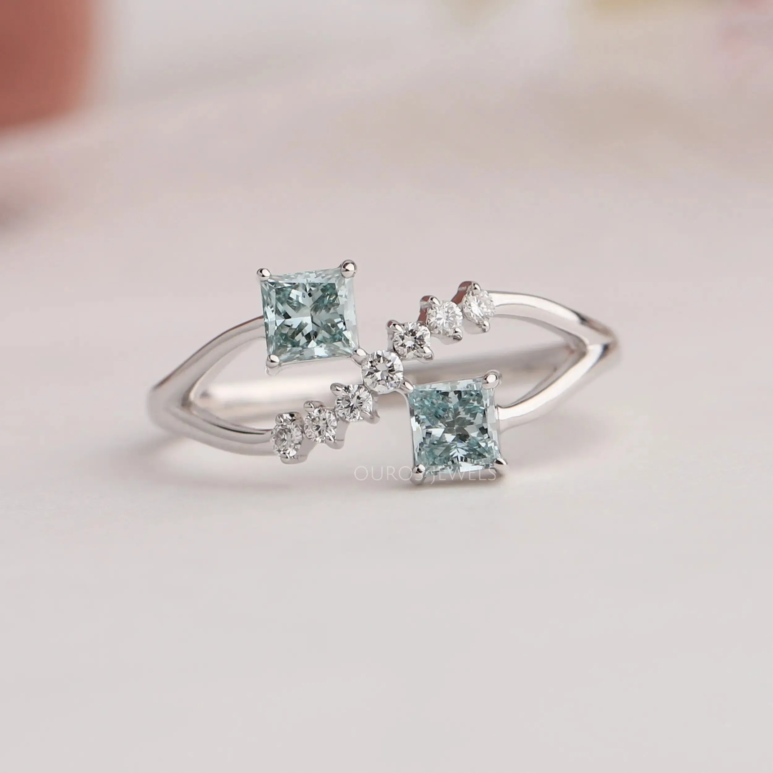 Green Princess Shape Lab Diamond  Dainty Ring