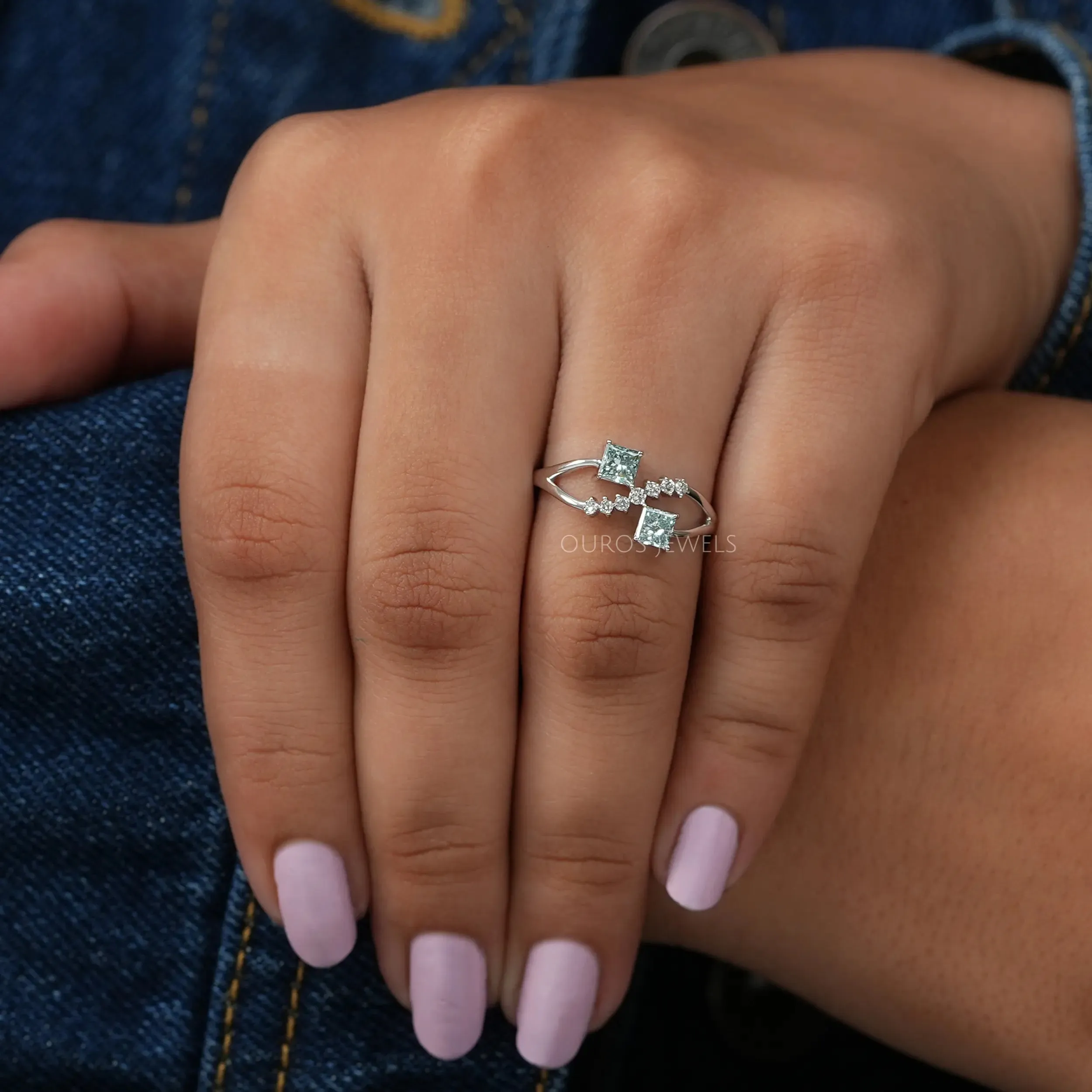 Green Princess Shape Lab Diamond  Dainty Ring