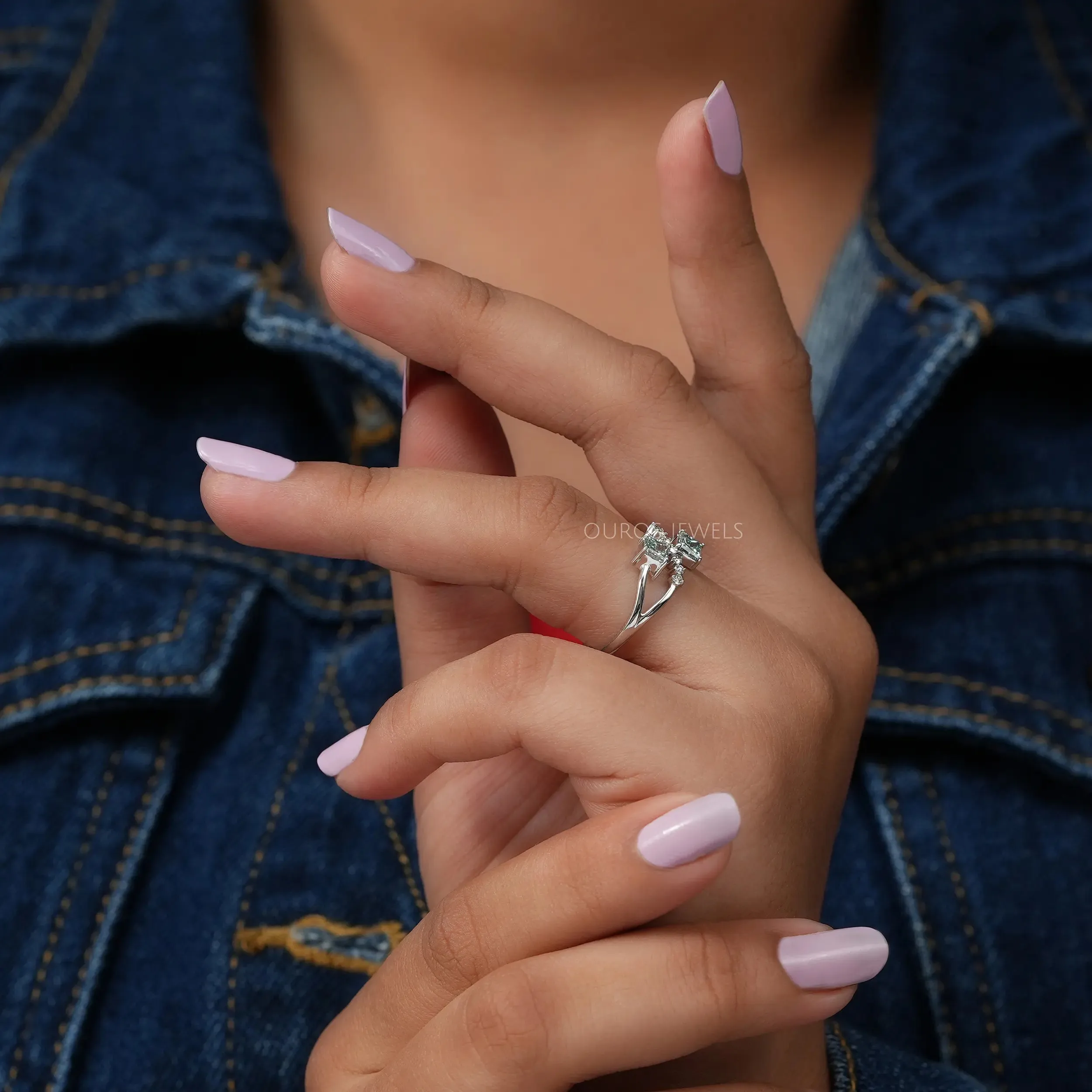 Green Princess Shape Lab Diamond  Dainty Ring