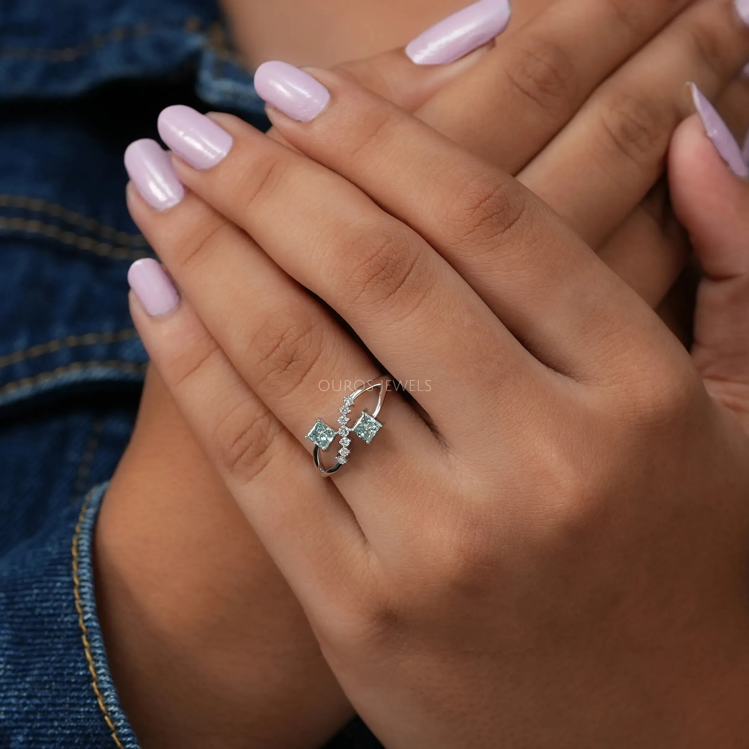 Green Princess Shape Lab Diamond  Dainty Ring