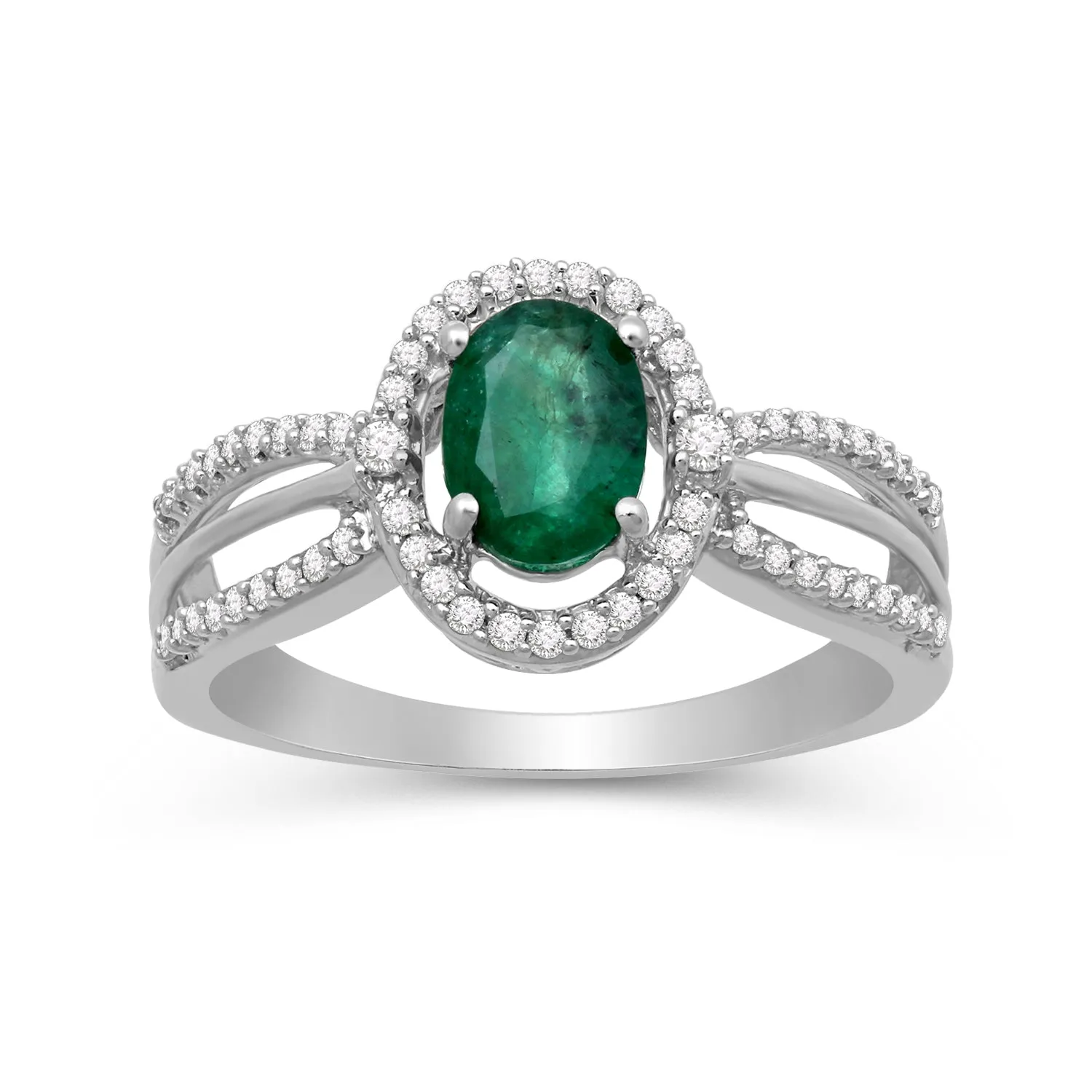 Jewelili 10K White Gold With 1/5 CTTW Natural White Round Diamonds and Oval Shape Emerald Ring