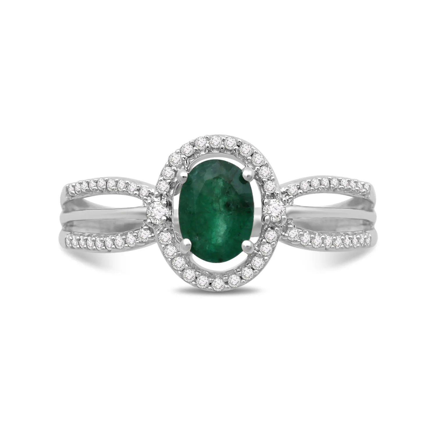 Jewelili 10K White Gold With 1/5 CTTW Natural White Round Diamonds and Oval Shape Emerald Ring