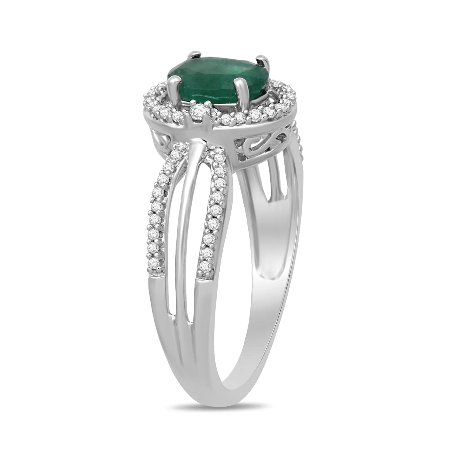 Jewelili 10K White Gold With 1/5 CTTW Natural White Round Diamonds and Oval Shape Emerald Ring