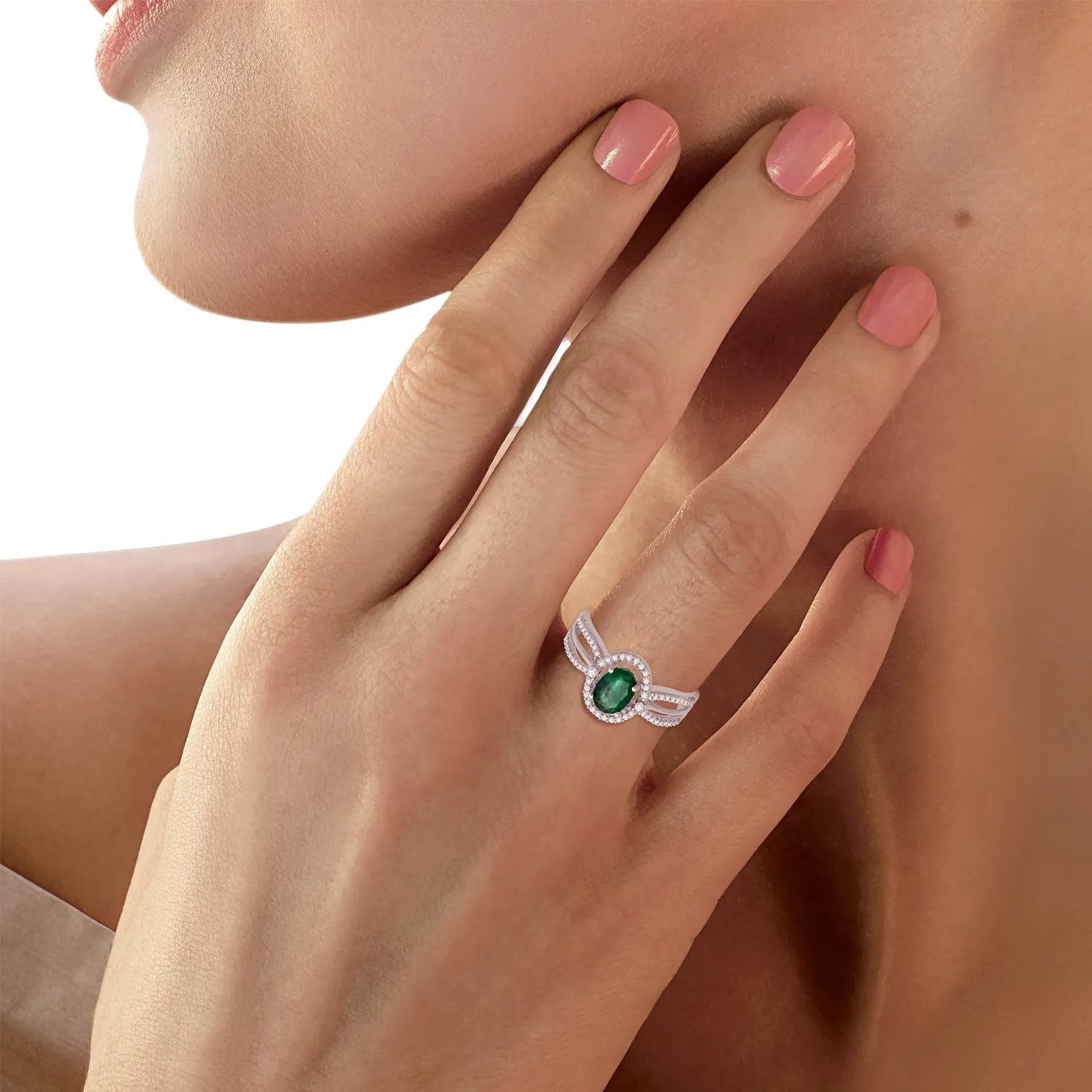 Jewelili 10K White Gold With 1/5 CTTW Natural White Round Diamonds and Oval Shape Emerald Ring