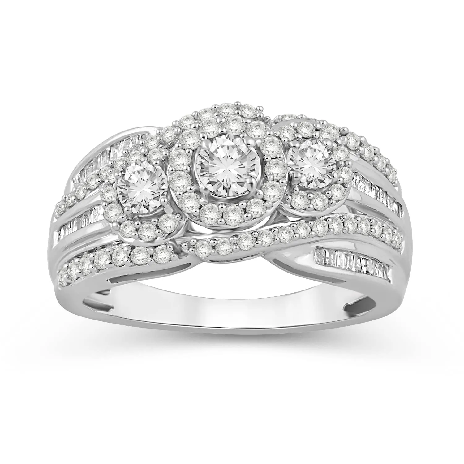 Jewelili 10K White Gold with 3/4 CTTW Baguette and Round Diamonds Ring