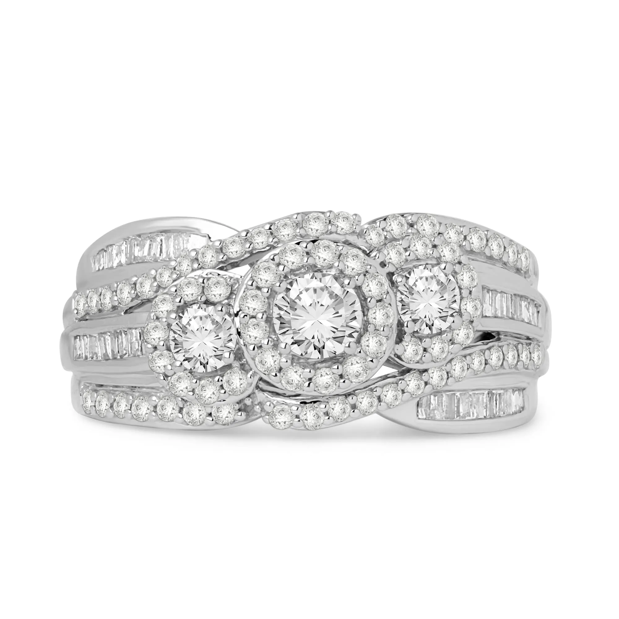 Jewelili 10K White Gold with 3/4 CTTW Baguette and Round Diamonds Ring