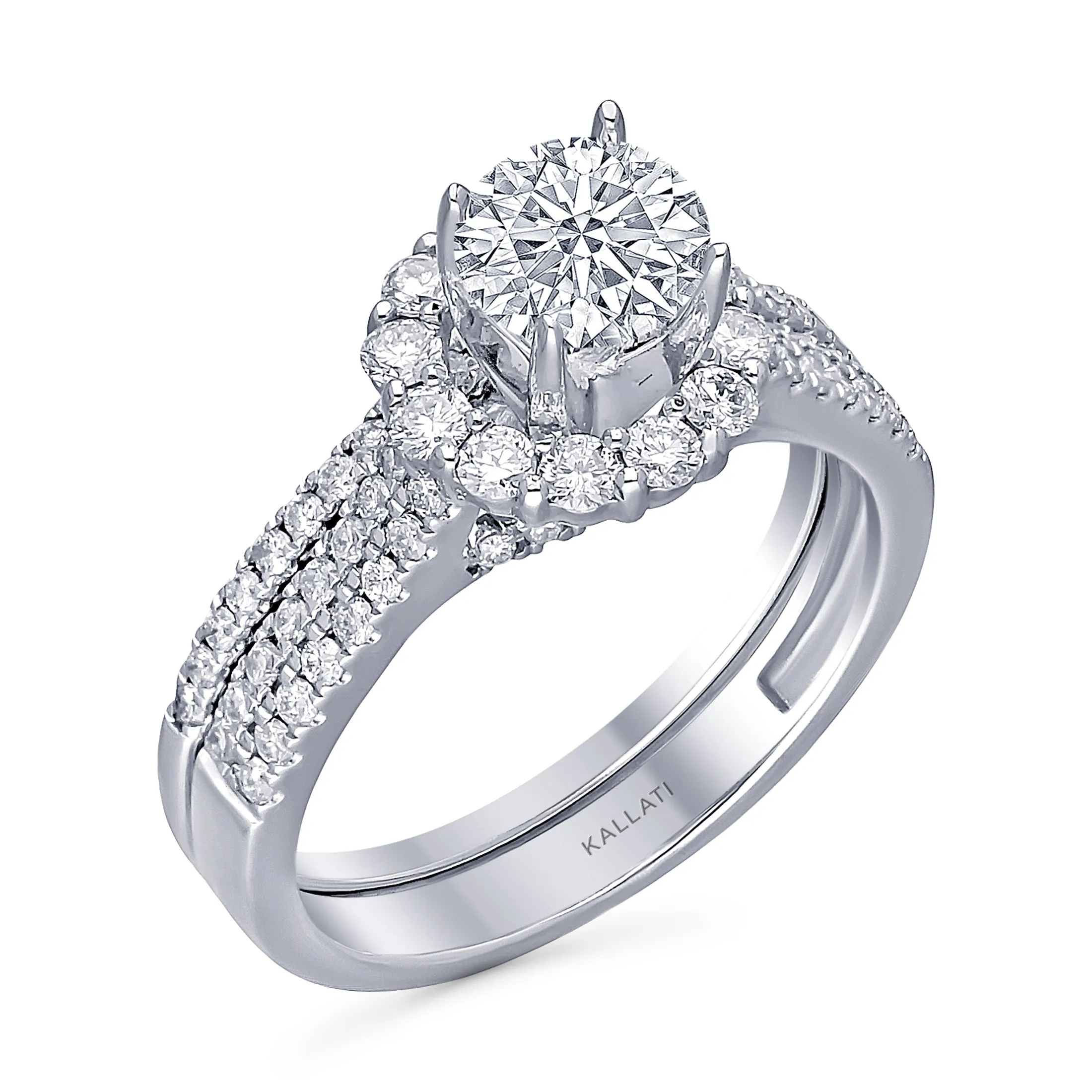 Kallati Eternal Round Halo Diamond Engagement Ring With Matching Band in 14K White Gold