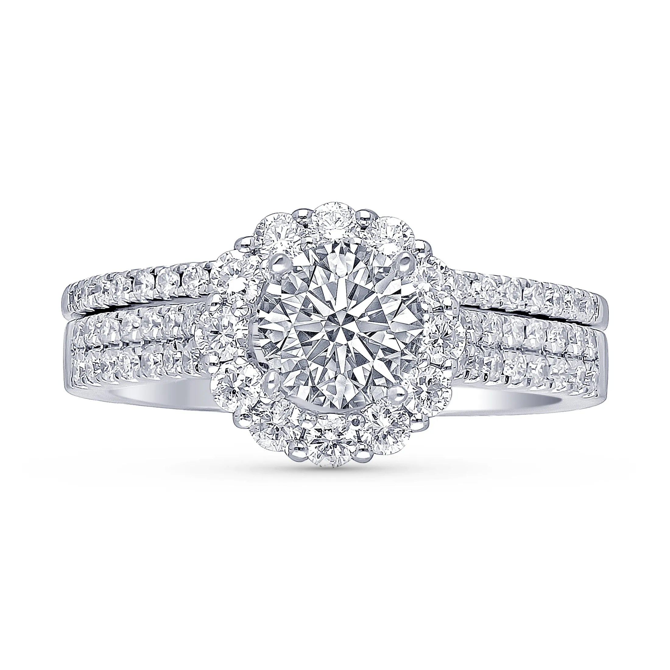 Kallati Eternal Round Halo Diamond Engagement Ring With Matching Band in 14K White Gold