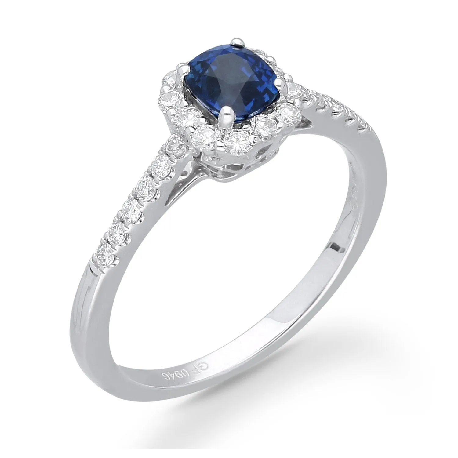 Kallati Heirloom Cushion Halo Sapphire & Diamond Engagement Ring in 14K White Gold