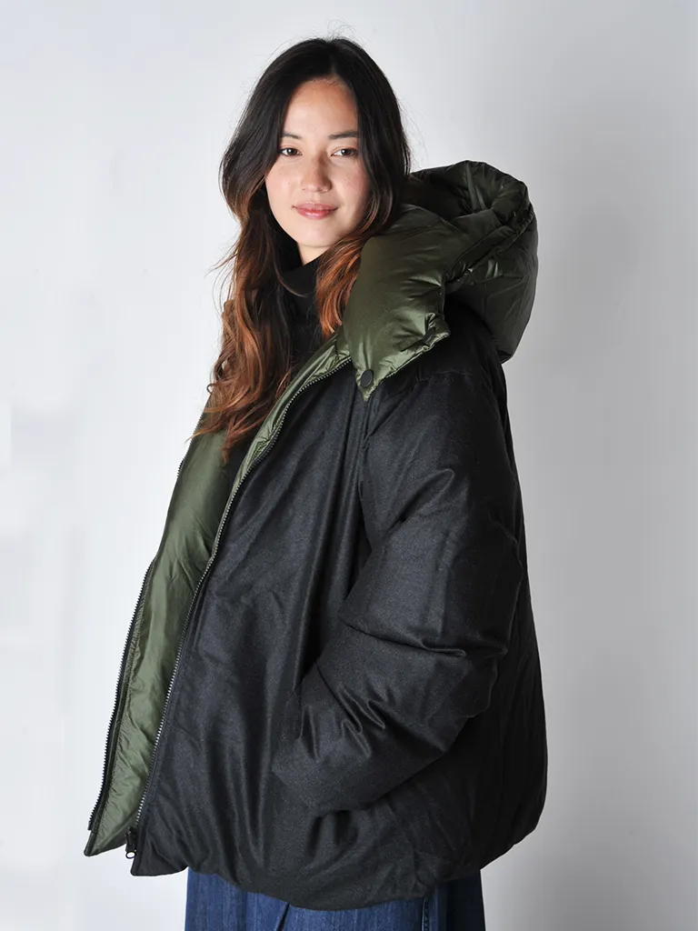 Khaki and Slate Odna reversible hooded down puffer acket