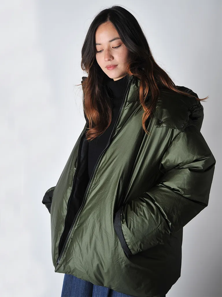 Khaki and Slate Odna reversible hooded down puffer acket