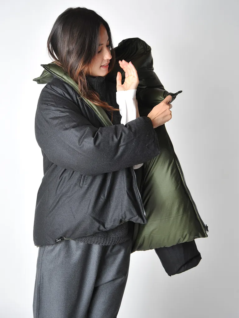 Khaki and Slate Odna reversible hooded down puffer acket