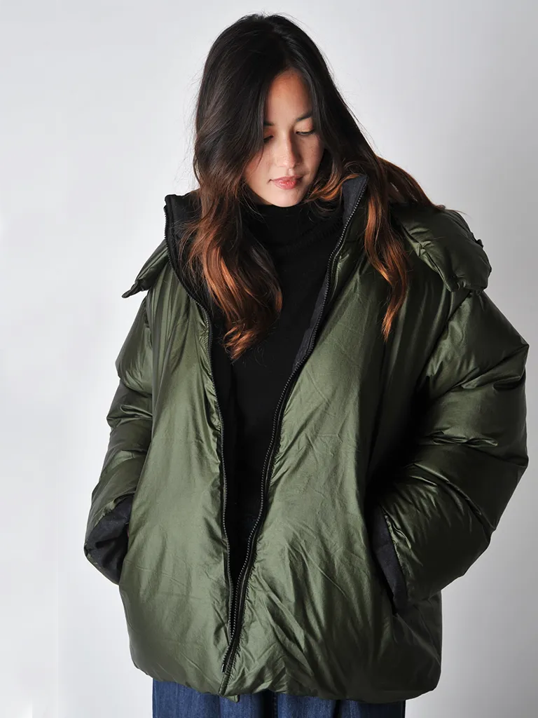 Khaki and Slate Odna reversible hooded down puffer acket